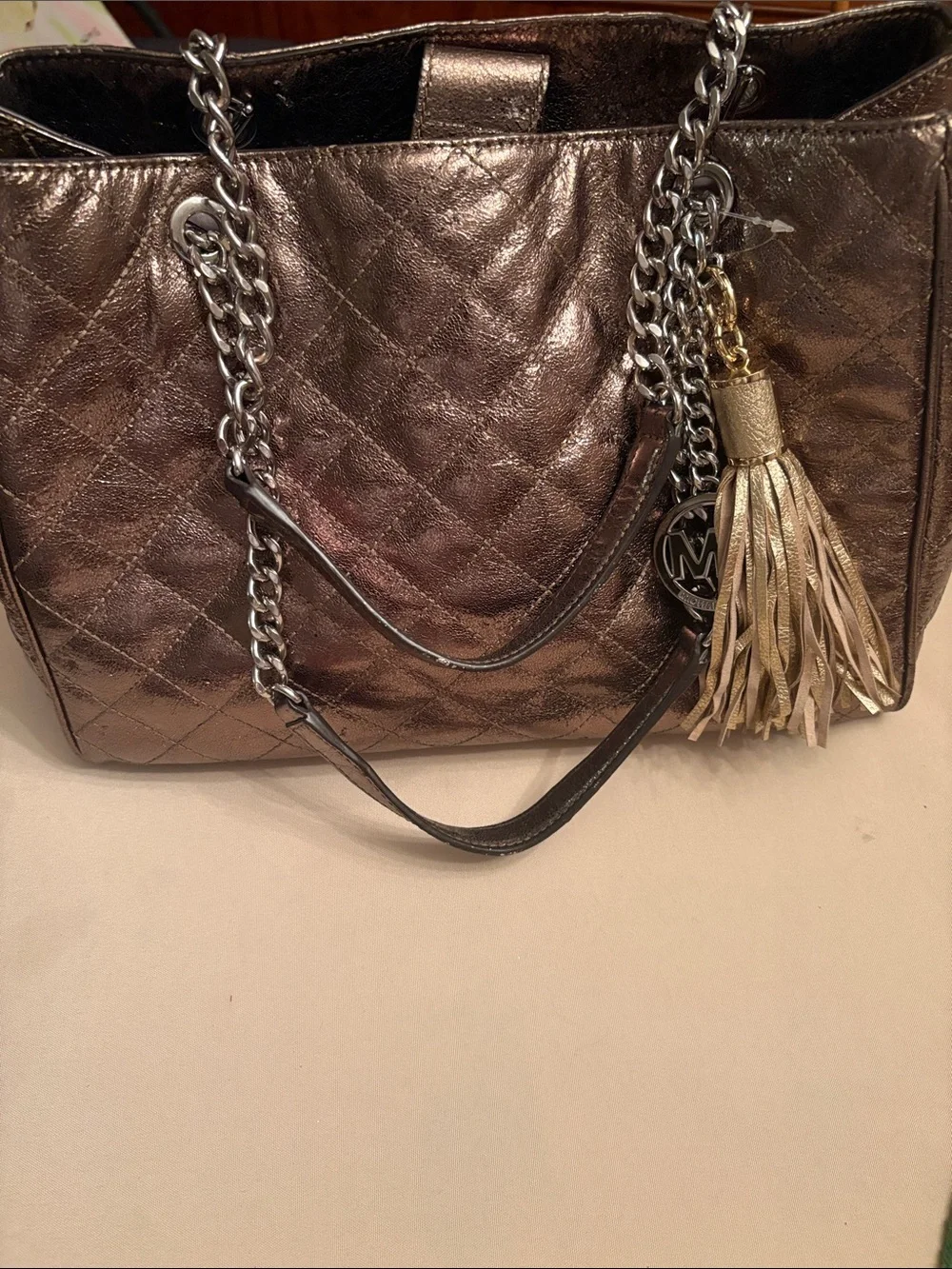 Michael Kors Quilted Metallic Shoulder Tote in Bronze